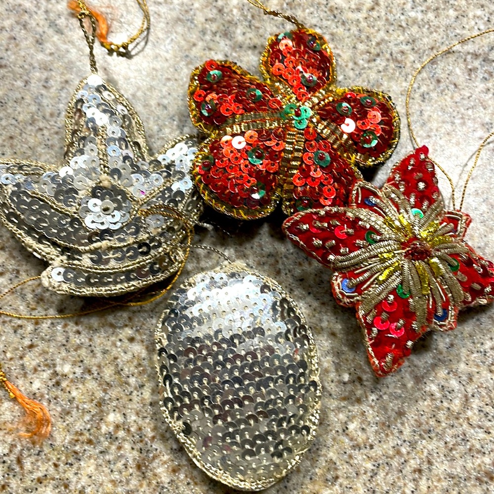 Beautiful glittery beaded Christmas tree ornaments. Imported. Gently used. Loved
